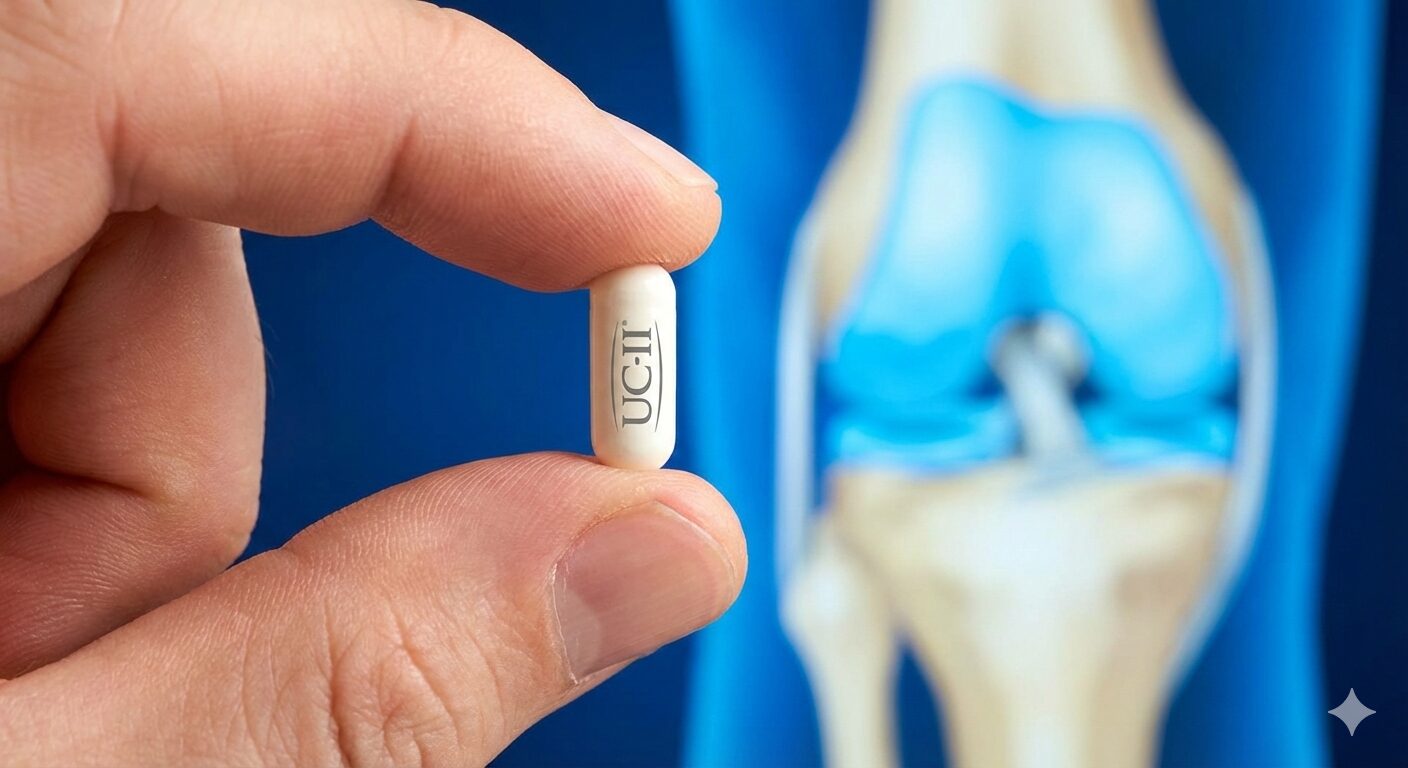 Hand holding UC-II joint supplement pill